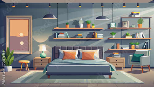 Chic contemporary bedroom with muted gray walls, upholstered headboard, floating shelves, and warm accent lighting, offering a tranquil modern sanctuary.