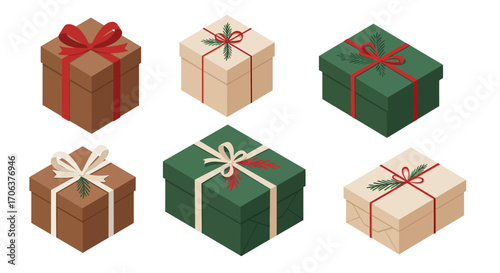 Festive gift box collection with elegant ribbons and holiday decorations