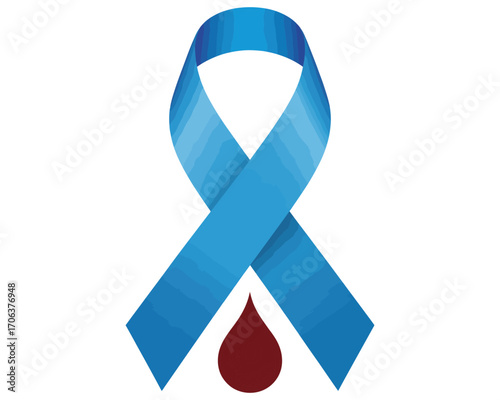 Blue ribbon symbolizing diabetes awareness with a single drop of blood, representing the fight against the chronic condition
