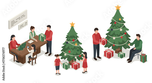 Festive christmas office environment with people decorating tree and exchangi…