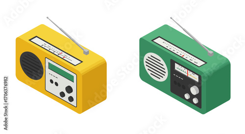 Retro isometric radios in yellow and green with dials and antennas on a white…