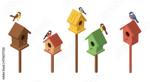 Colorful birdhouses with birds on poles in isometric style
