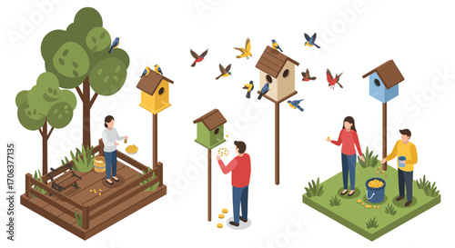 People feeding birds in garden with colorful birdhouses and trees