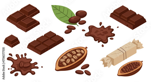 Assorted cocoa elements and chocolate products in isometric style