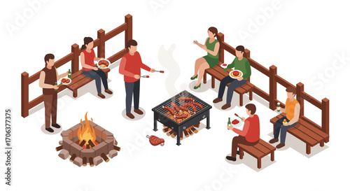 Outdoor barbecue gathering with friends in isometric style