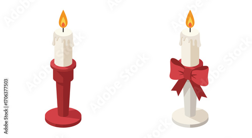 Festive candles with decorative wax drips and red bow in isometric design
