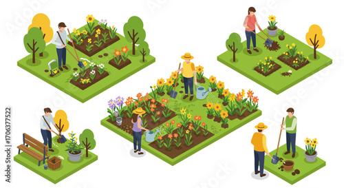 Gardening activities: isometric urban garden with people in various roles