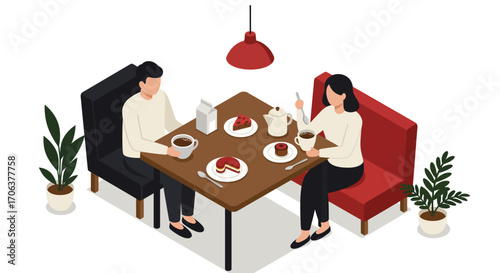 Isometric cafe scene with couple dining and minimalist decor in modern style