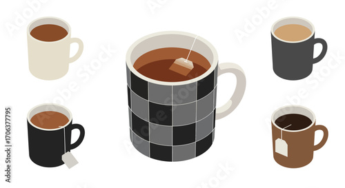 Isometric tea mugs with tea bags on white background in various colors