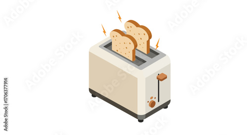 Isometric toaster with toast and sparks for modern breakfast design