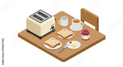 Cozy breakfast setting with toaster, toast, and coffee in isometric style on…