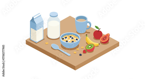Delicious breakfast scene with milk, fruit, and cereal in isometric design