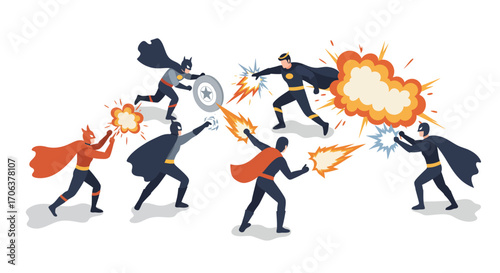 Dynamic superhero battle: flat style heroes in action-packed comic clash