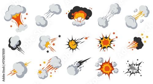 Colorful comic explosion and smoke cloud set in flat design