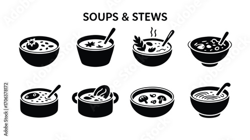 A Collection of Stylized Black and White Illustrations Representing Various Delicious Soups and Hearty Stews Perfect for a Culinary Icon Set