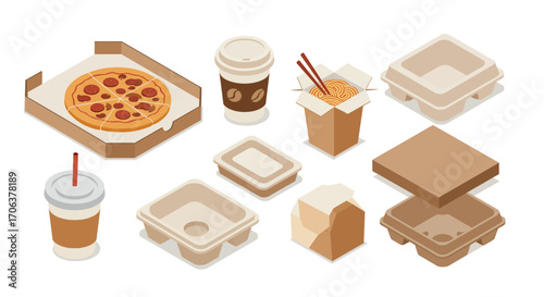 Isometric takeout food containers featuring pizza, coffee, and noodles