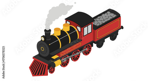 Vintage isometric steam train with coal car on white background
