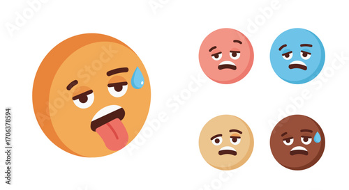 Colorful emoji faces expressing tiredness and exhaustion