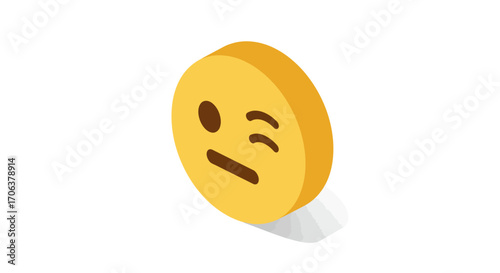 Isometric winking emoji face on white background: playful expression