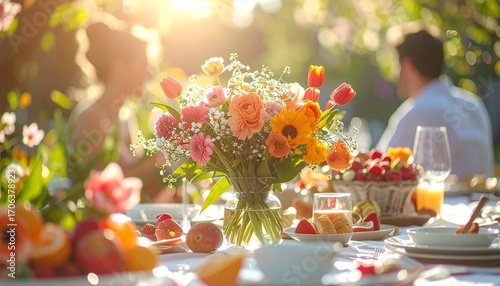 People enjoying outdoor brunch with spring flowers on the table