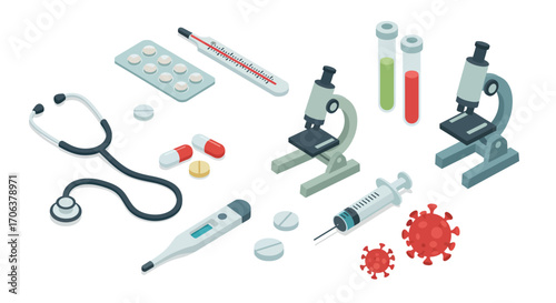 Medical equipment and virus elements in isometric design