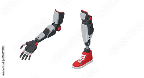 Modern robotic arm and leg prosthetics in isometric style with red sneakers