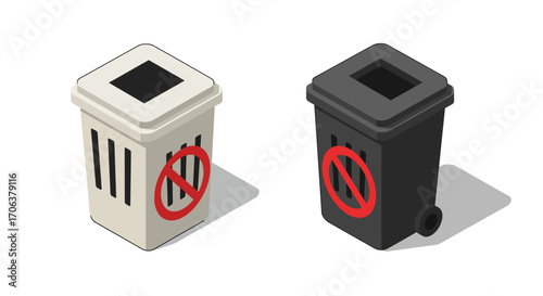 Isometric recycling bins with red prohibition sign on white background