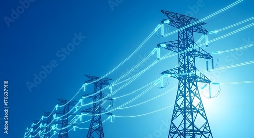 Electric Blue Giants: A Powerful 3D Illustration of High-Voltage Transmission Towers Against a Radiant Cyan Sky, Showcasing Energy and Modern Industrial Design!