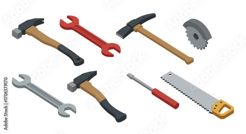 Isometric hand tools set: hammers, wrenches, saws for construction and diy pr…