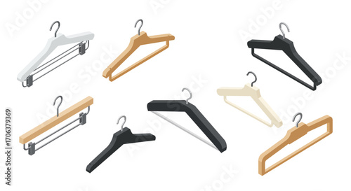 Colorful isometric clothes hangars collection on white background