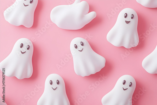 Cute white cartoon ghosts floating on pastel pink background for halloween decoration