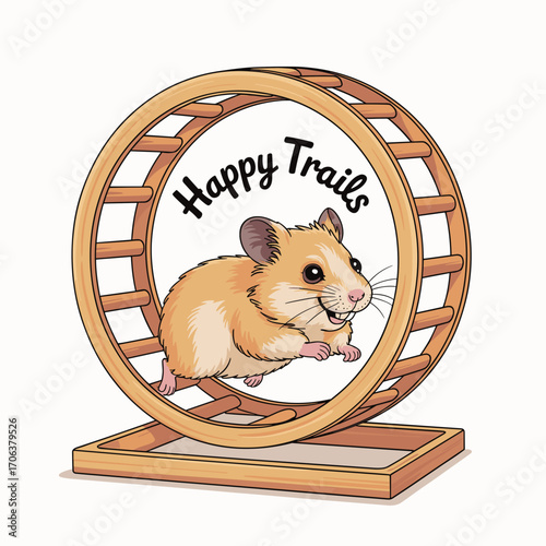 Hamster Running in Wooden Wheel Vector Illustration