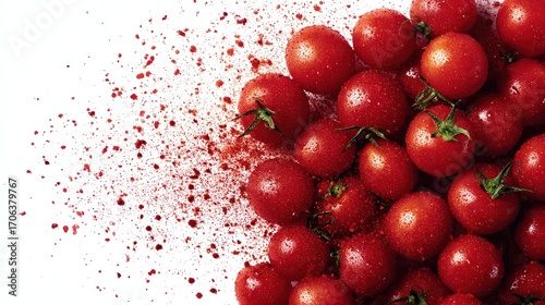 Vibrant red tomatoes glistening with droplets and scattered red spice create a fresh and appetizing look, ideal for culinary use, recipe blogs, and promotions of healthy eating,
