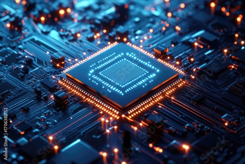 A close-up of a glowing central processing unit (CPU) on a circuit board, showcasing intricate technological details.