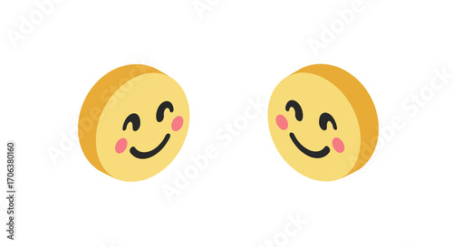 Two isometric smiling face emojis with cheeks on a white background