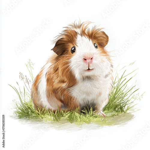 Hand-drawn vector illustration of a fluffy guinea pig sitting on grass