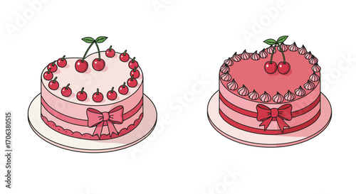 Charming heart-shaped cherry cakes with bows and decorative frosting