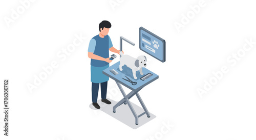 Isometric veterinarian examining dog in modern clinic setting with digital tools