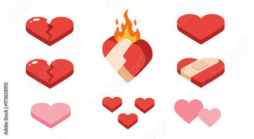 Set of heart icons: broken, burning, and bandaged heart designs