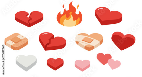 Isometric heart icons: healing and broken heart designs