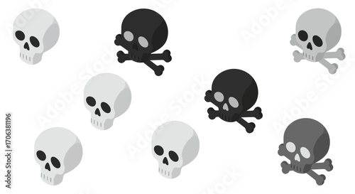 Isometric skull and crossbones pattern in black and white