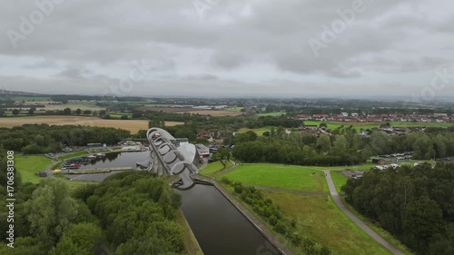 Falkirk Wheel from a drone, Forth and Clyde Canal, Falkirk, Scotland, UK