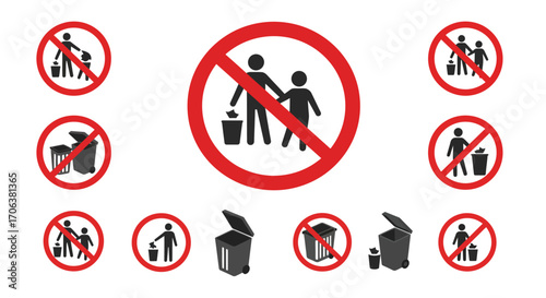 Prohibited waste disposal signs featuring people symbols and trash bins