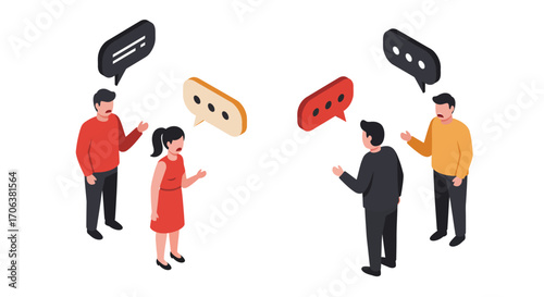 Isometric people engaged in dialogue with speech bubbles