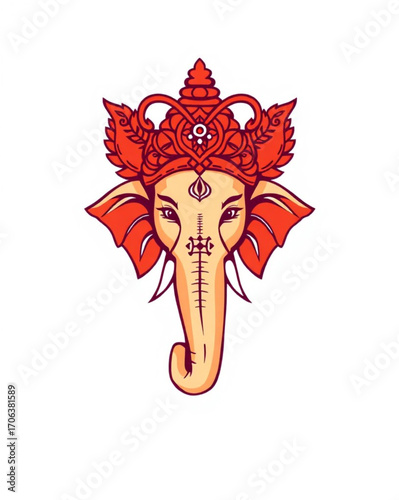 T shirt design illustration of lord ganeshas face with an ornate crown and tusks, symbolizing wisdom and prosperity
