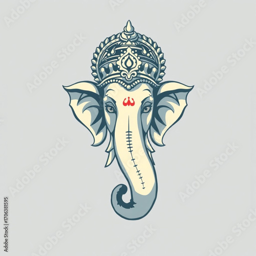T shirt design vector art of closeup illustration of lord ganeshas face, a hindu deity with an elephant head, adorned with a crown and a tilak on his forehead, set against a neutral background