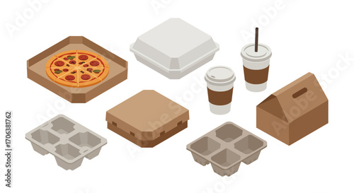 Eco-friendly takeout containers: isometric fast food packaging design