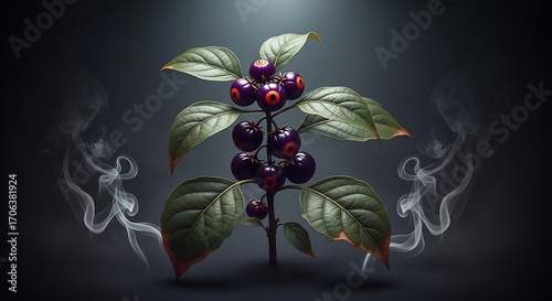 Halloween artistic rendering of a deadly nightshade plant with glossy leaves and dark berries, set against a moody background, symbolizing danger
