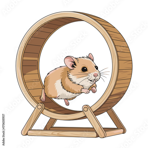 Hamster Running in Wooden Wheel Vector Illustration