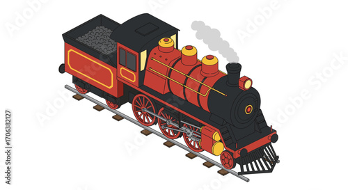 Colorful isometric steam locomotive on rails with smoke and coal details